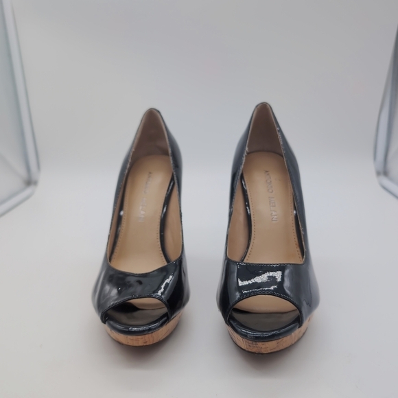 Antonio Melani Sz 6 Black Leather Peep-Toe Heels - Picture 3 of 10